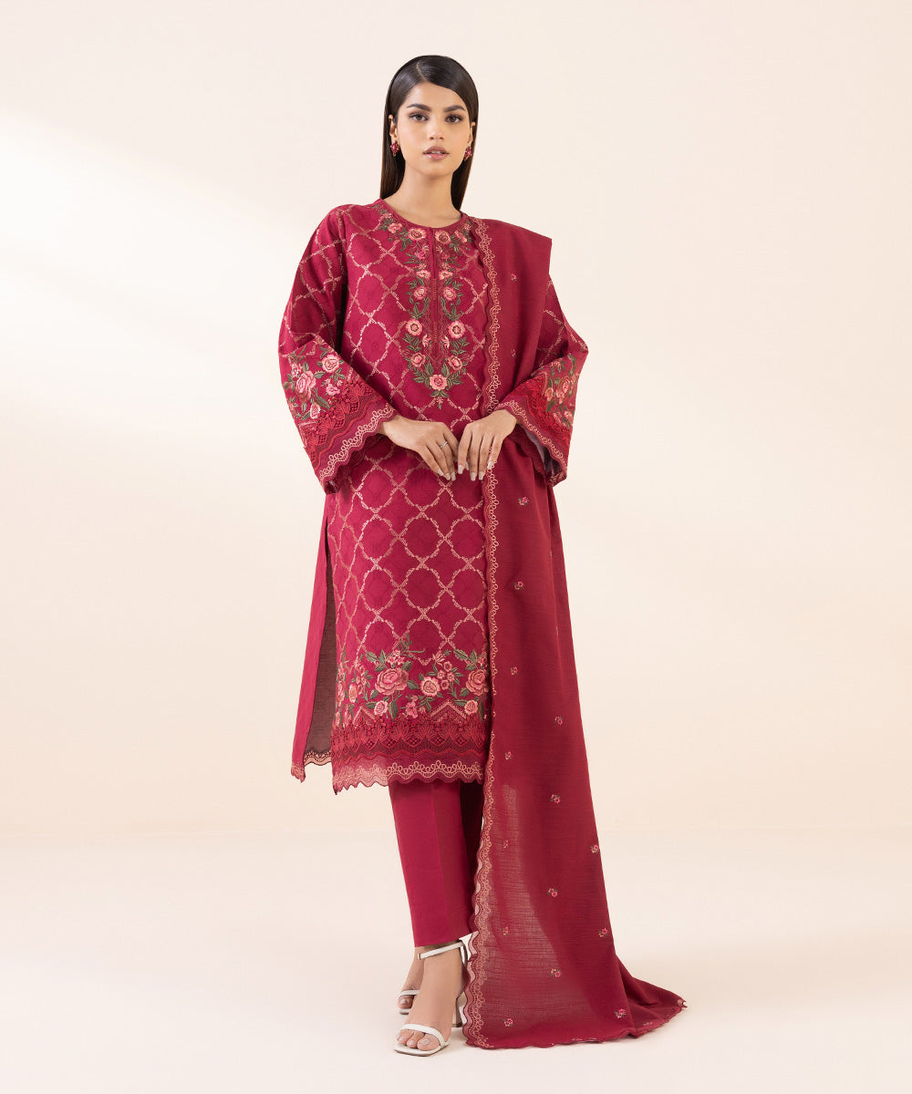 Women's Unstitched Cotton Jacquard Red Embroidered 3 Piece Suit