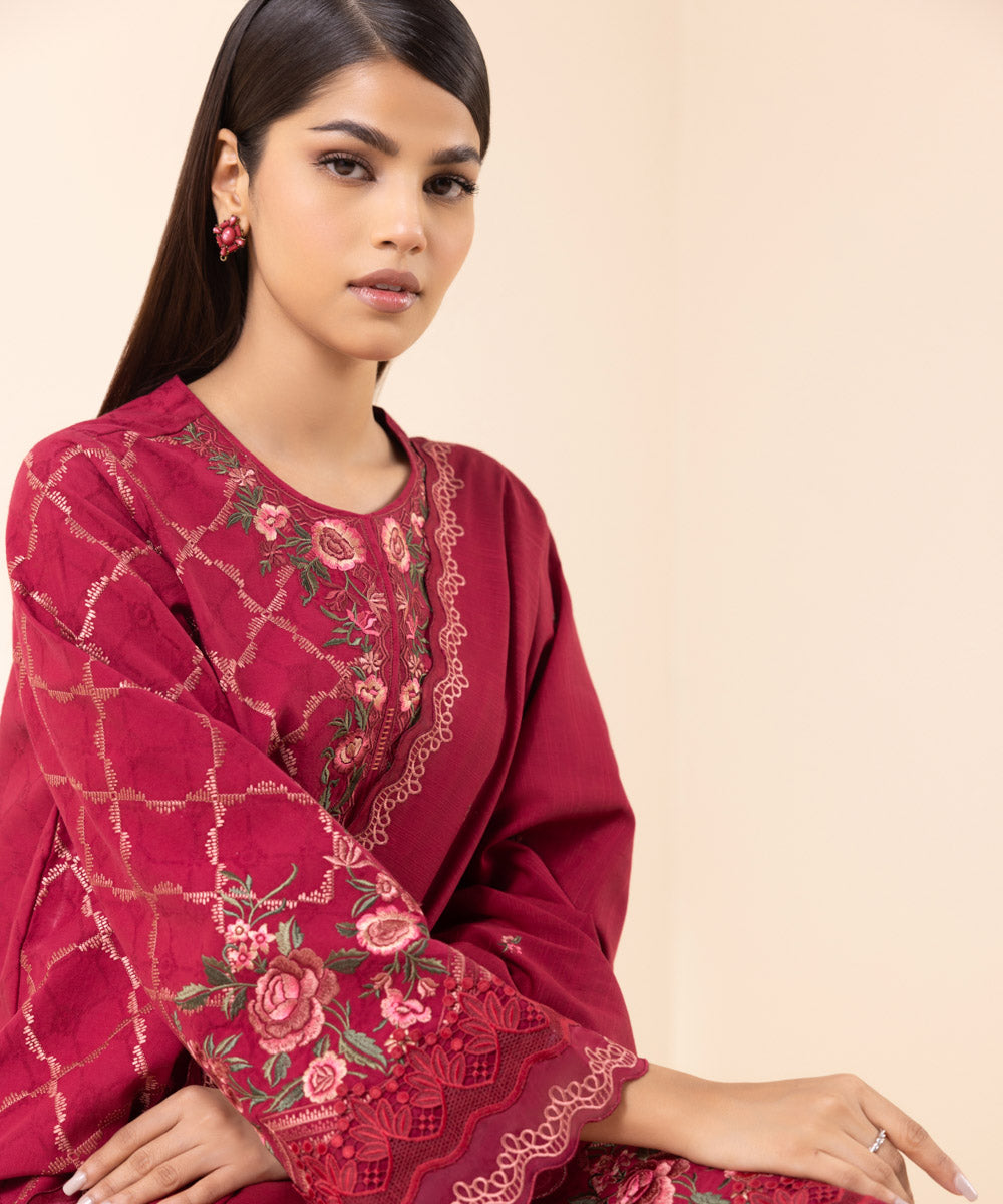 Women's Unstitched Cotton Jacquard Red Embroidered 3 Piece Suit