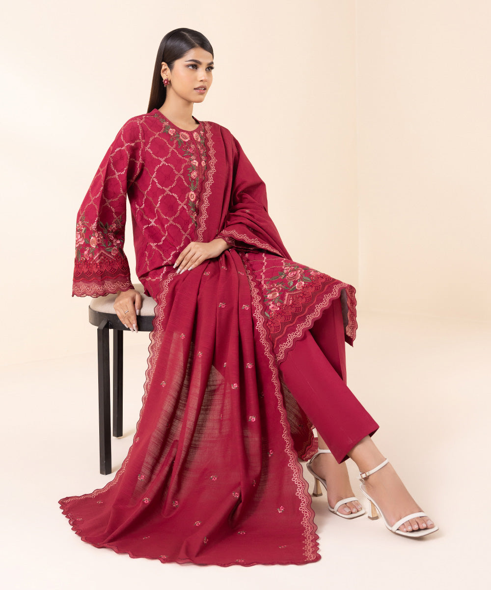 Women's Unstitched Cotton Jacquard Red Embroidered 3 Piece Suit