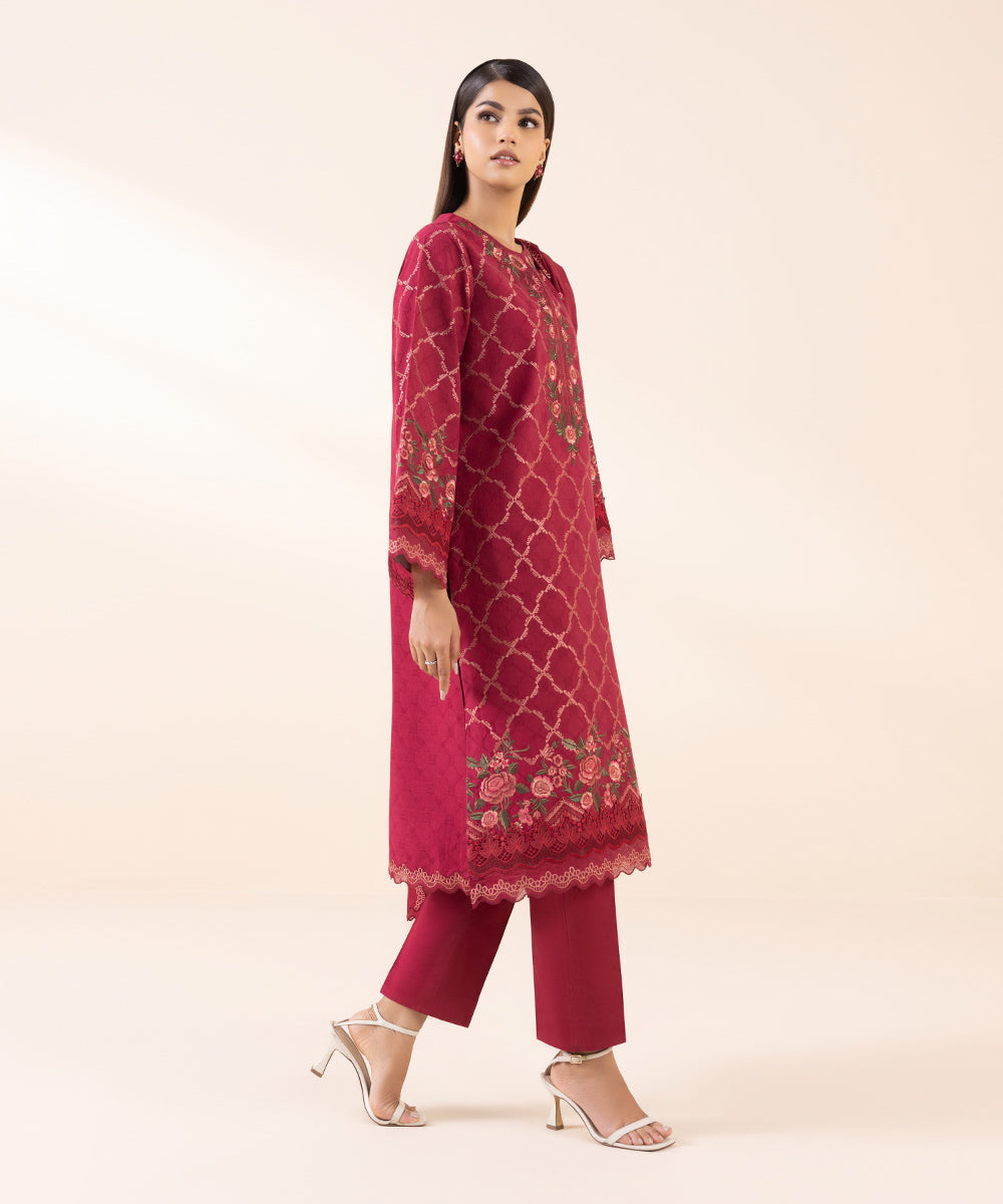 Women's Unstitched Cotton Jacquard Red Embroidered 3 Piece Suit