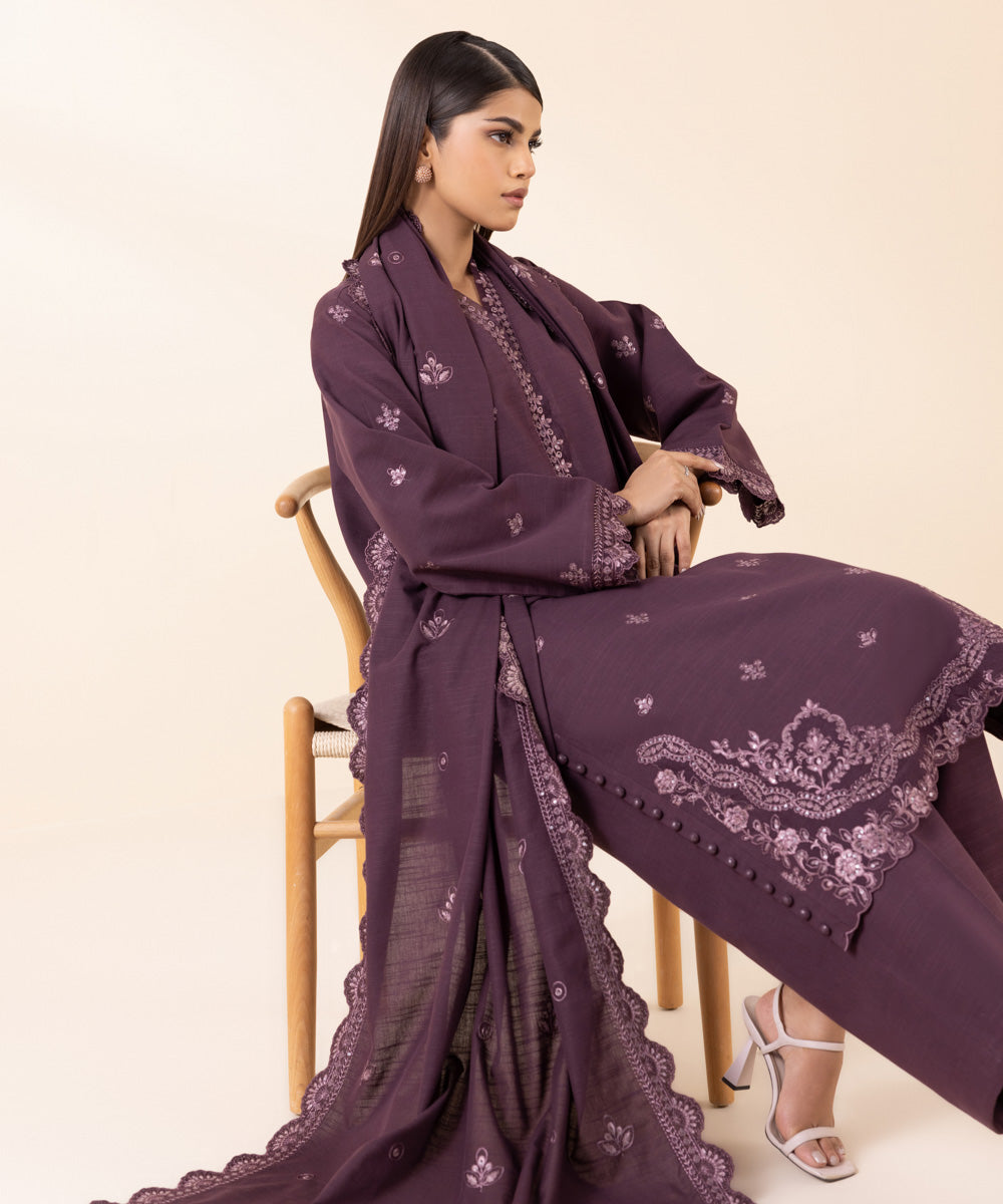 Women's Unstitched Light Khaddar Purple Embroidered 3 Piece Suit