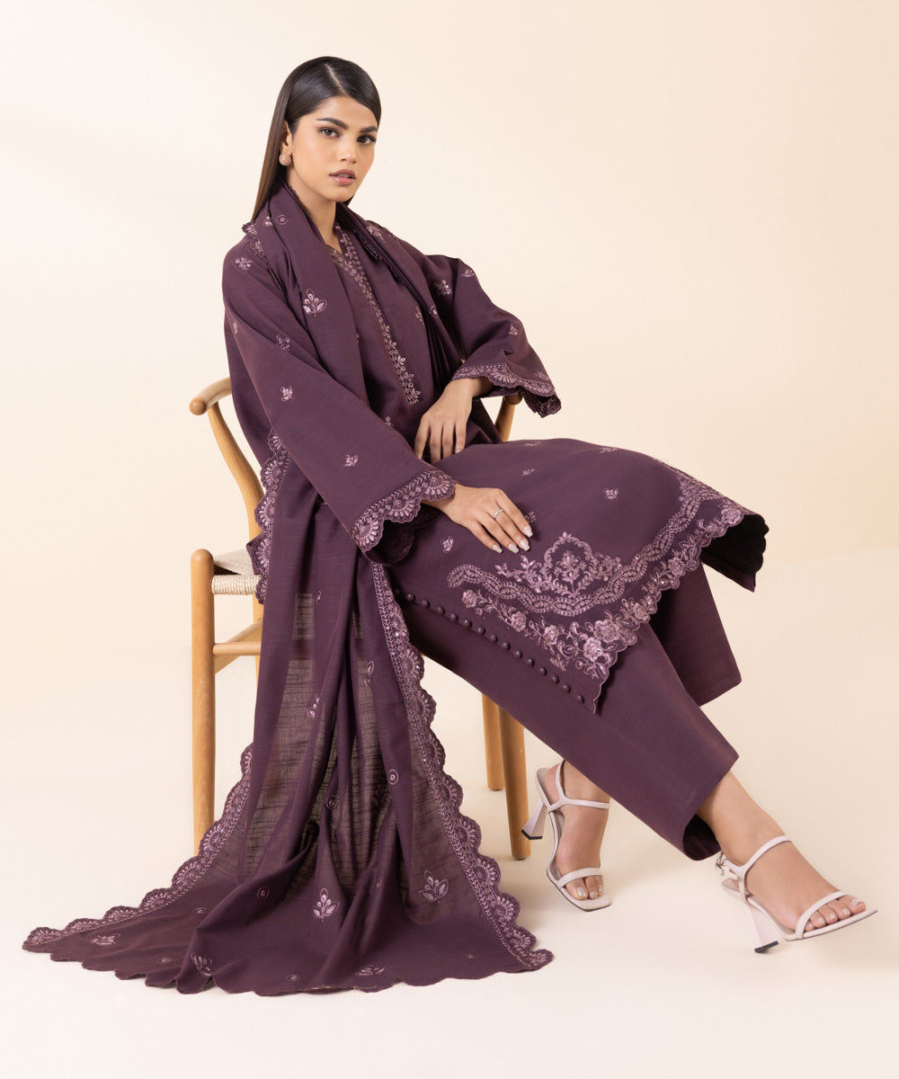 Women's Unstitched Light Khaddar Purple Embroidered 3 Piece Suit