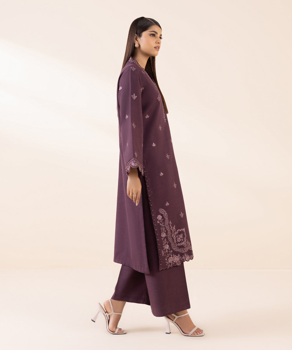 Women's Unstitched Light Khaddar Purple Embroidered 3 Piece Suit