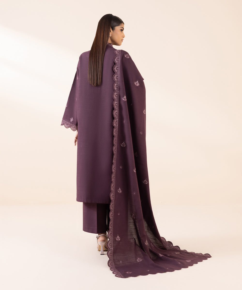 Women's Unstitched Light Khaddar Purple Embroidered 3 Piece Suit