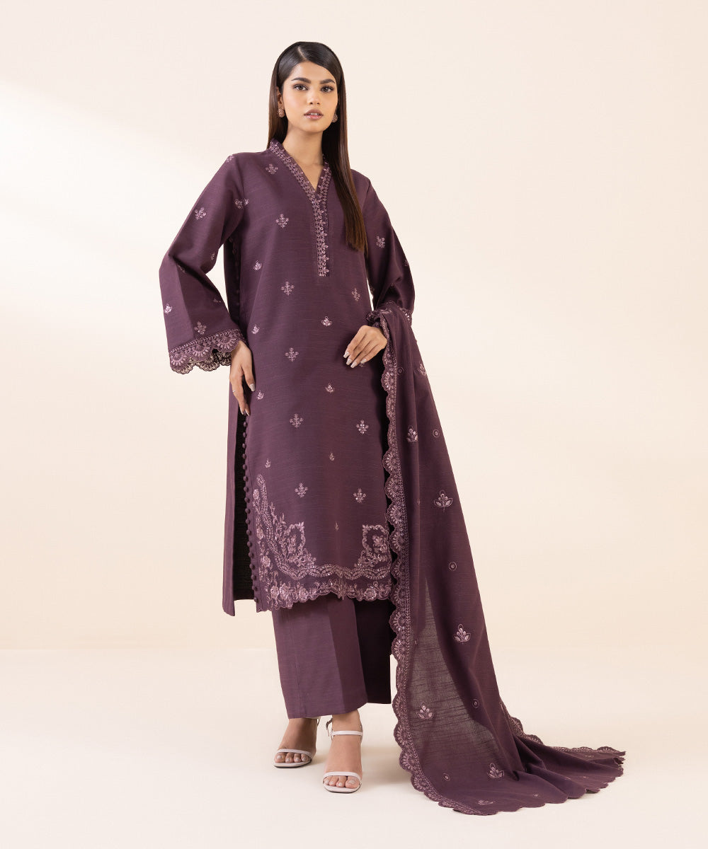 Women's Unstitched Light Khaddar Purple Embroidered 3 Piece Suit