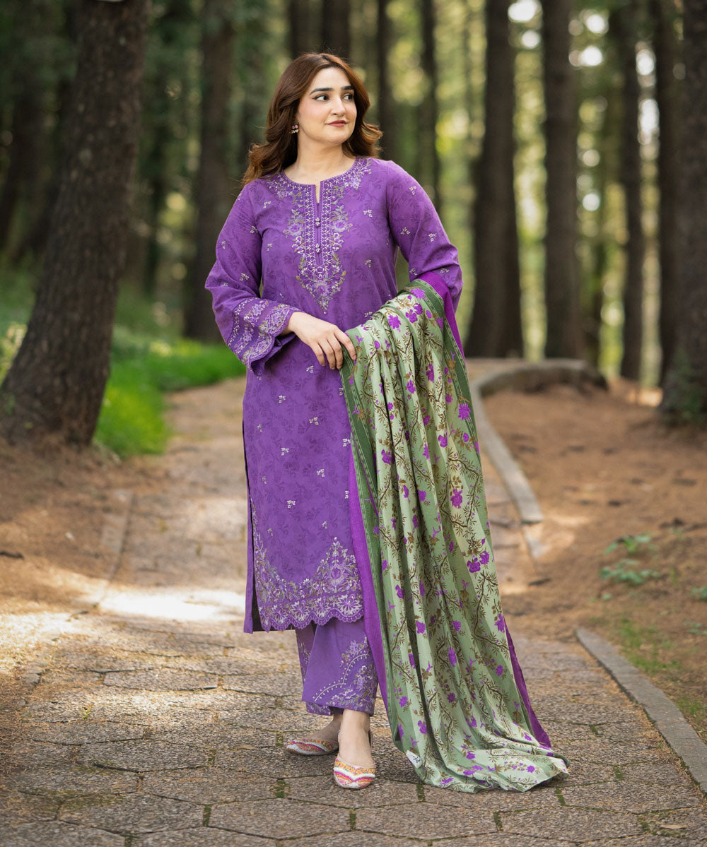 Women's Unstitched Cotton Jacquard Purple Embroidered 3 Piece Suit