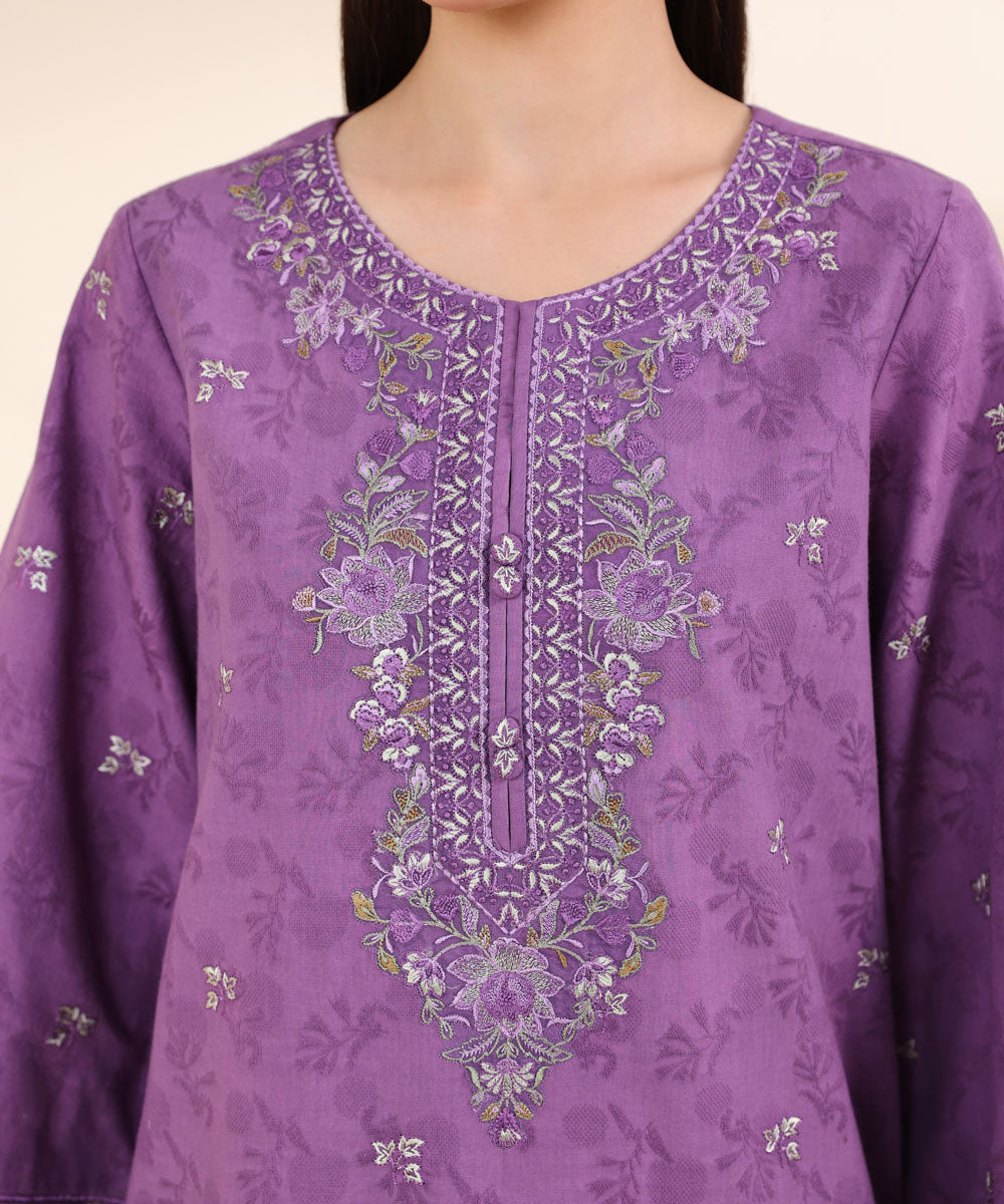 Women's Unstitched Cotton Jacquard Purple Embroidered 3 Piece Suit