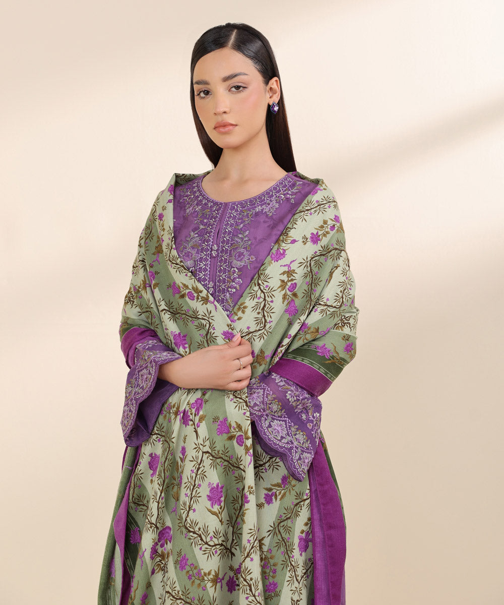 Women's Unstitched Cotton Jacquard Purple Embroidered 3 Piece Suit