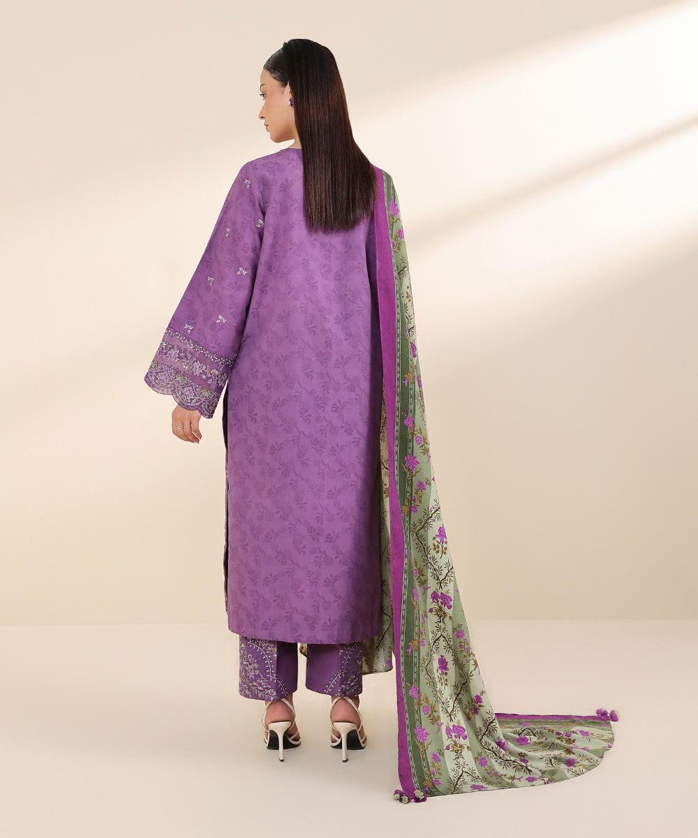 Women's Unstitched Cotton Jacquard Purple Embroidered 3 Piece Suit