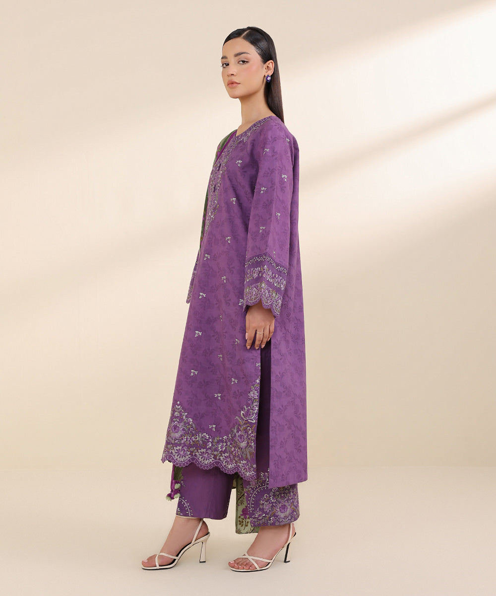 Women's Unstitched Cotton Jacquard Purple Embroidered 3 Piece Suit