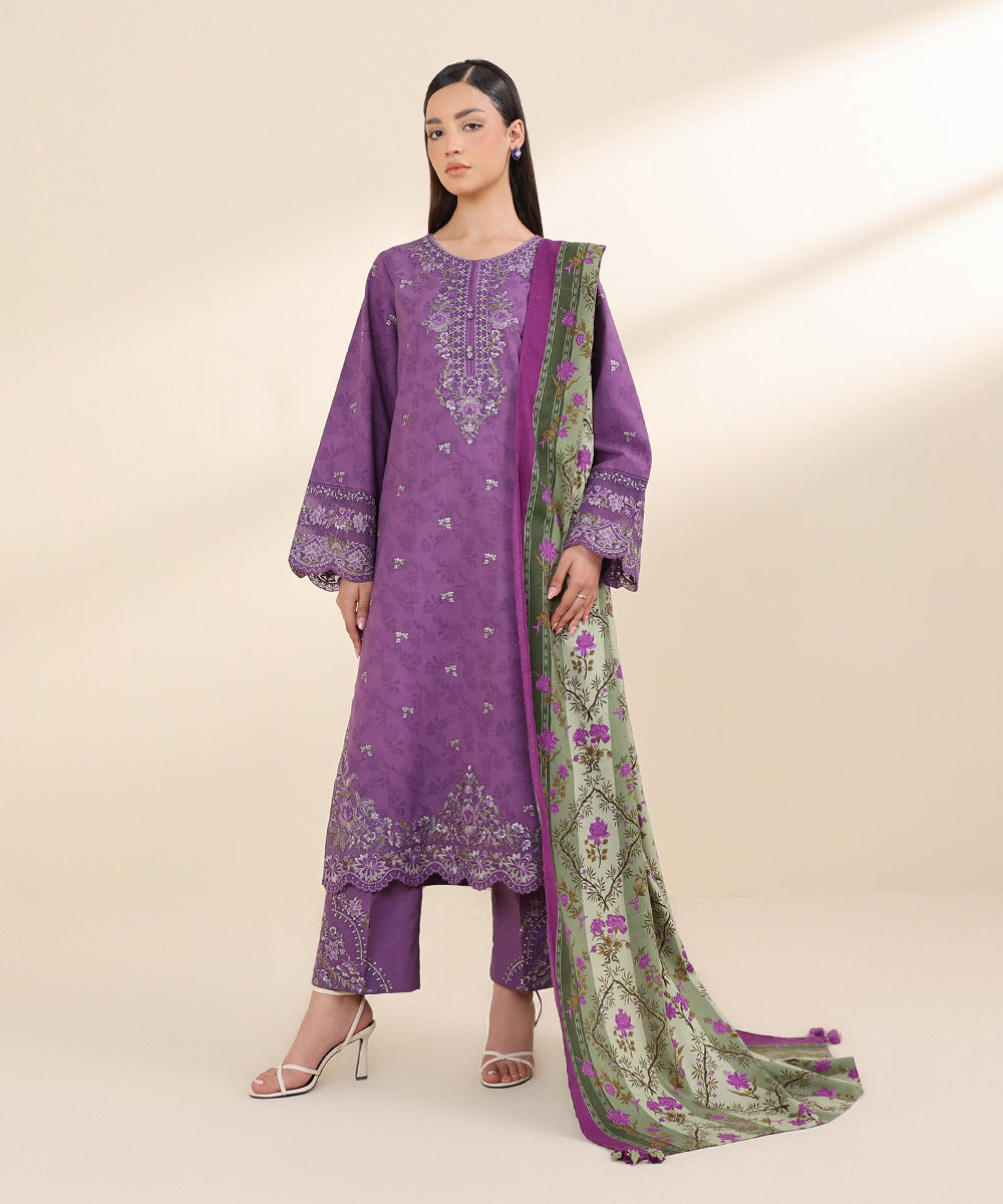 Women's Unstitched Cotton Jacquard Purple Embroidered 3 Piece Suit