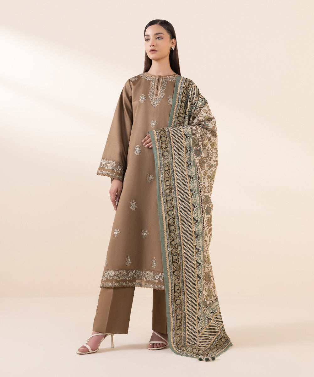 Women's Unstitched Fine Cotton Satin Brown Embroidered 3 Piece Suit