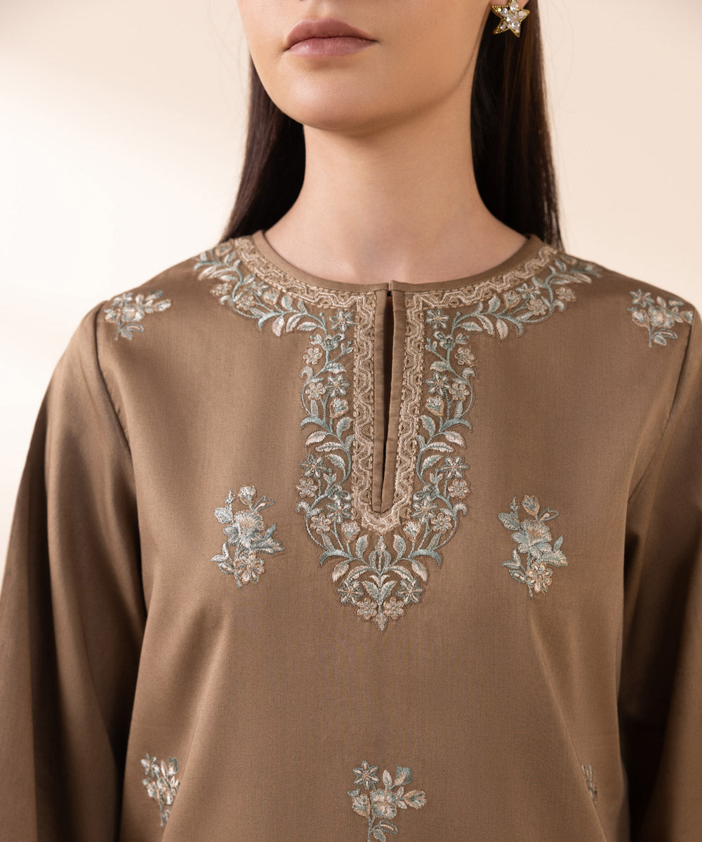 Women's Unstitched Fine Cotton Satin Brown Embroidered 3 Piece Suit