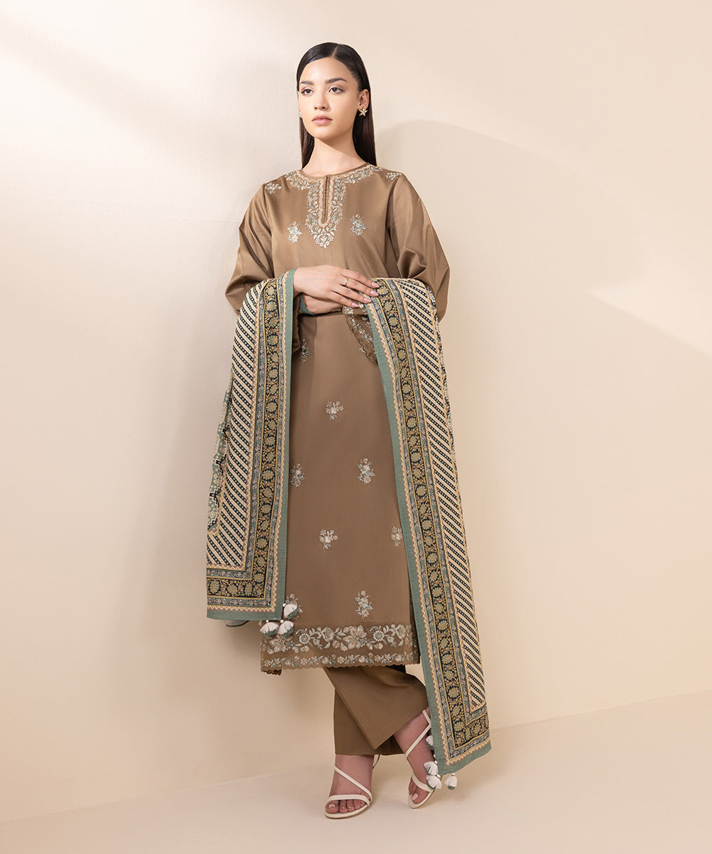 Women's Unstitched Fine Cotton Satin Brown Embroidered 3 Piece Suit