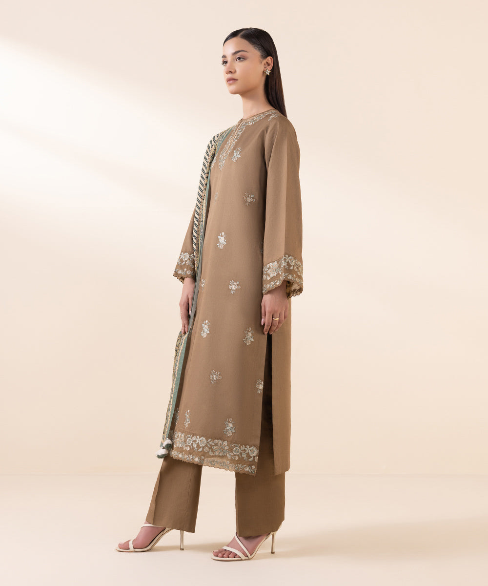 Women's Unstitched Fine Cotton Satin Brown Embroidered 3 Piece Suit