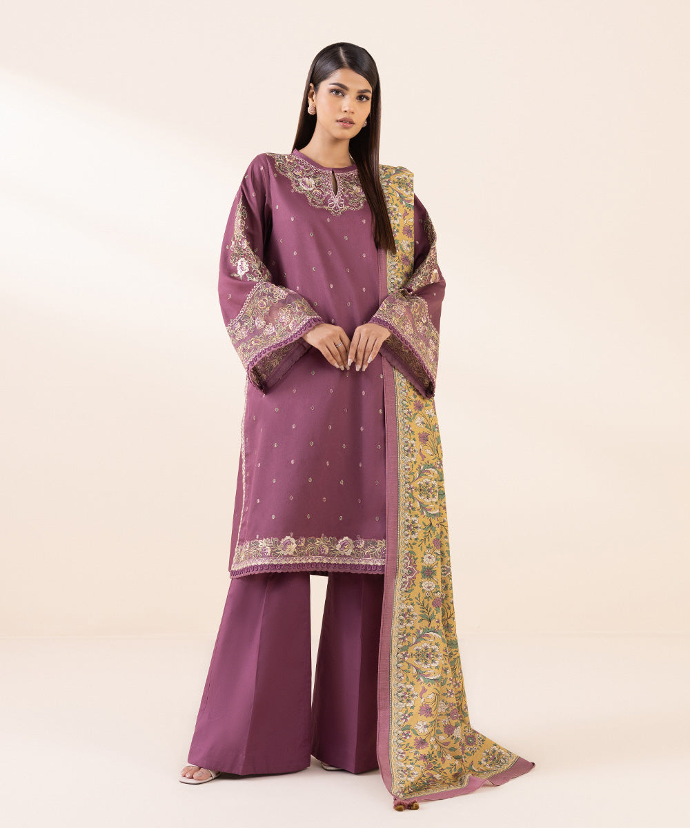 Women's Unstitched Fine Cotton Satin Purple Embroidered 3 Piece Suit