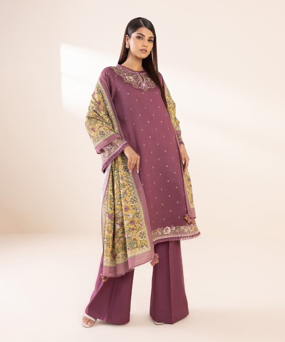 Women's Unstitched Fine Cotton Satin Purple Embroidered 3 Piece Suit