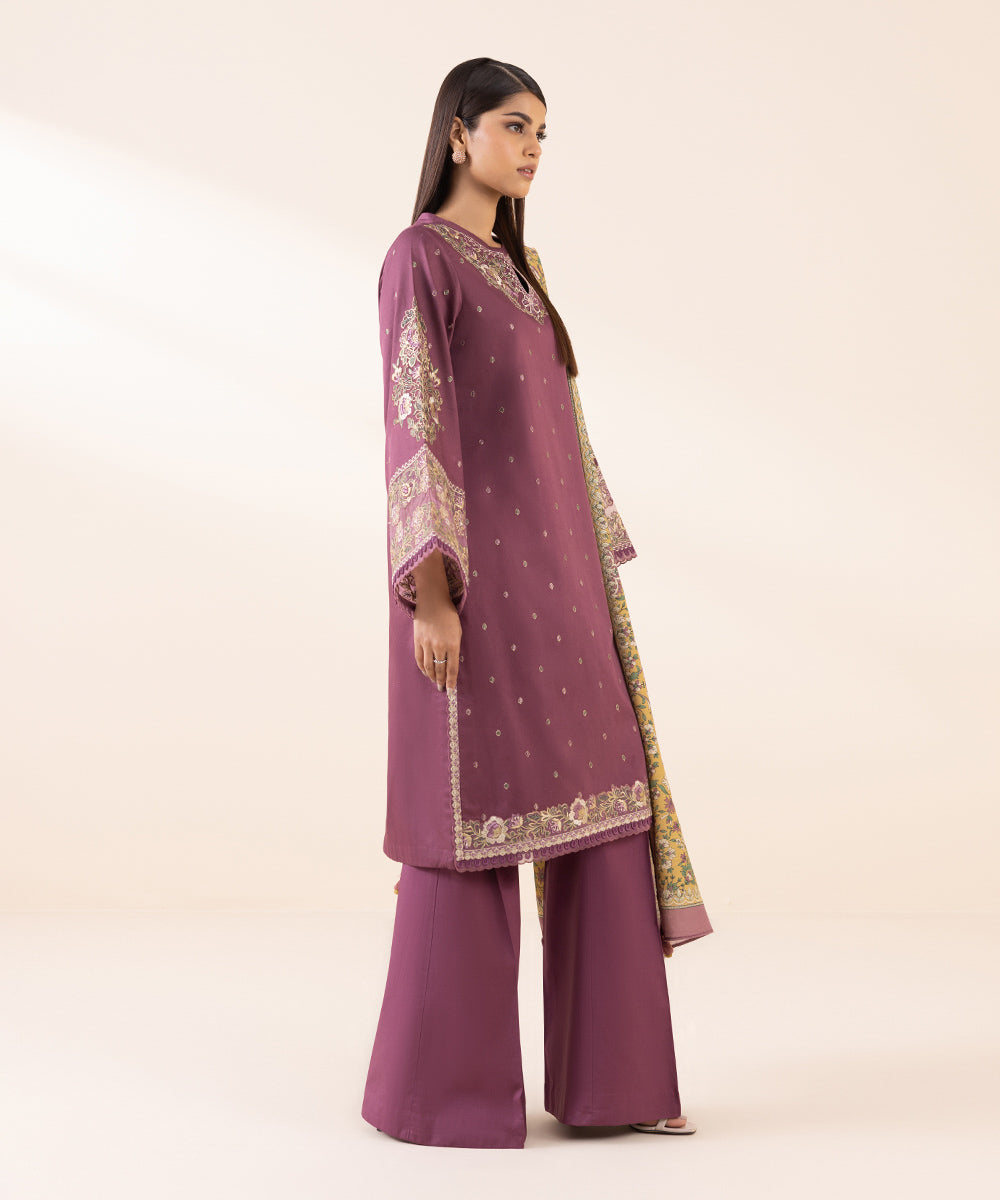 Women's Unstitched Fine Cotton Satin Purple Embroidered 3 Piece Suit