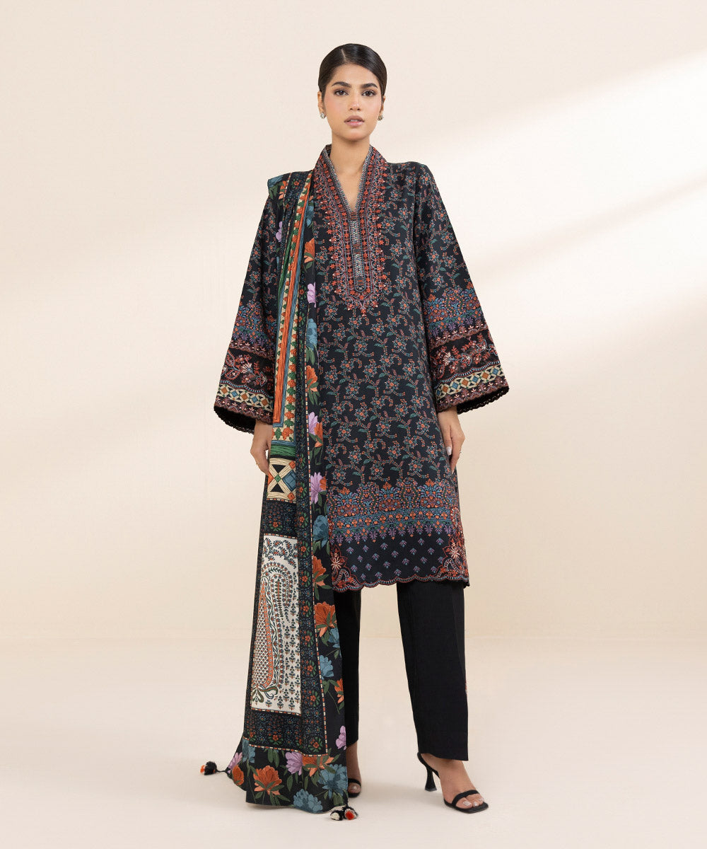 Women's Unstitched Linen Black Embroidered 3 Piece Suit