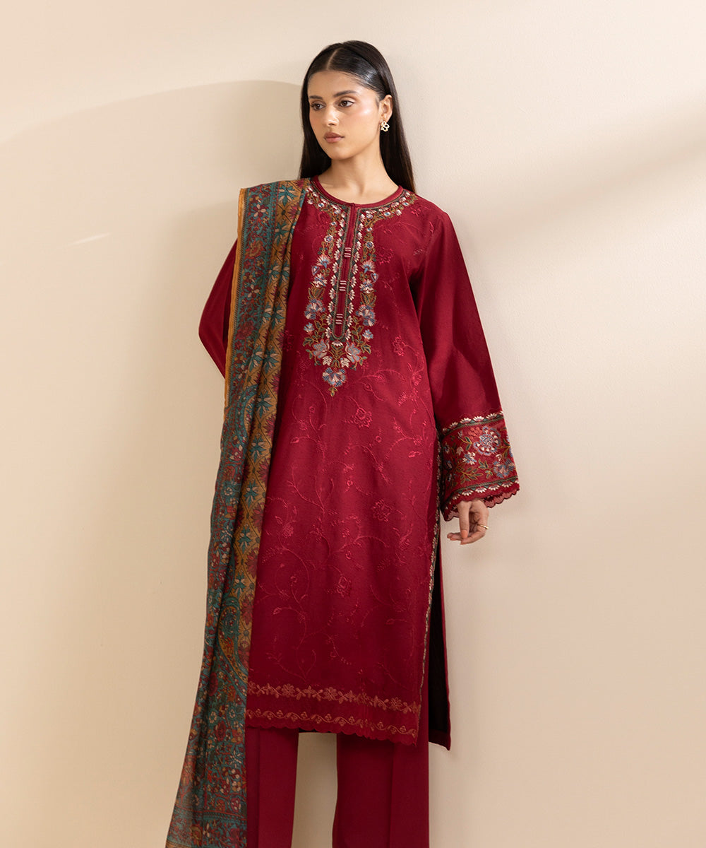 Women's Unstitched Cotton Karandi Embroidered Red 3 Piece Suit