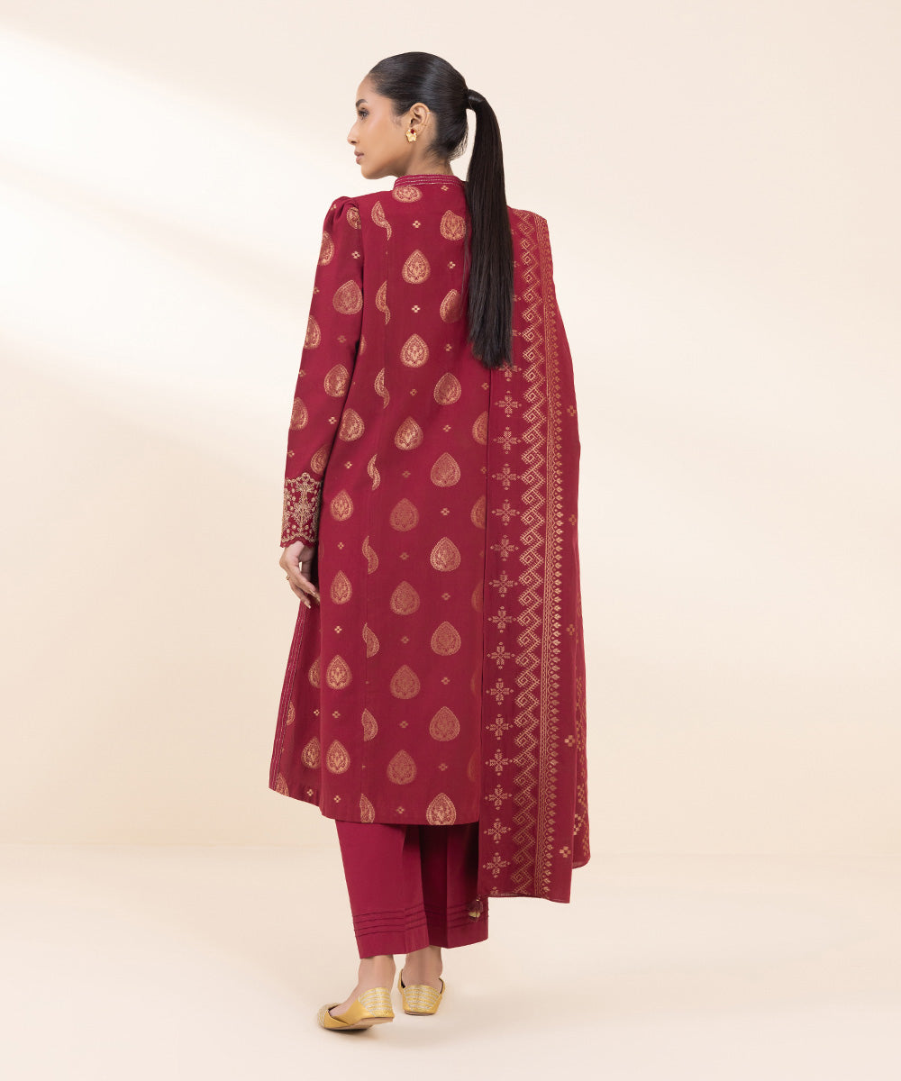 Women's Unstitched Extra Weft Jacquard Embroidered Red 3 Piece Suit