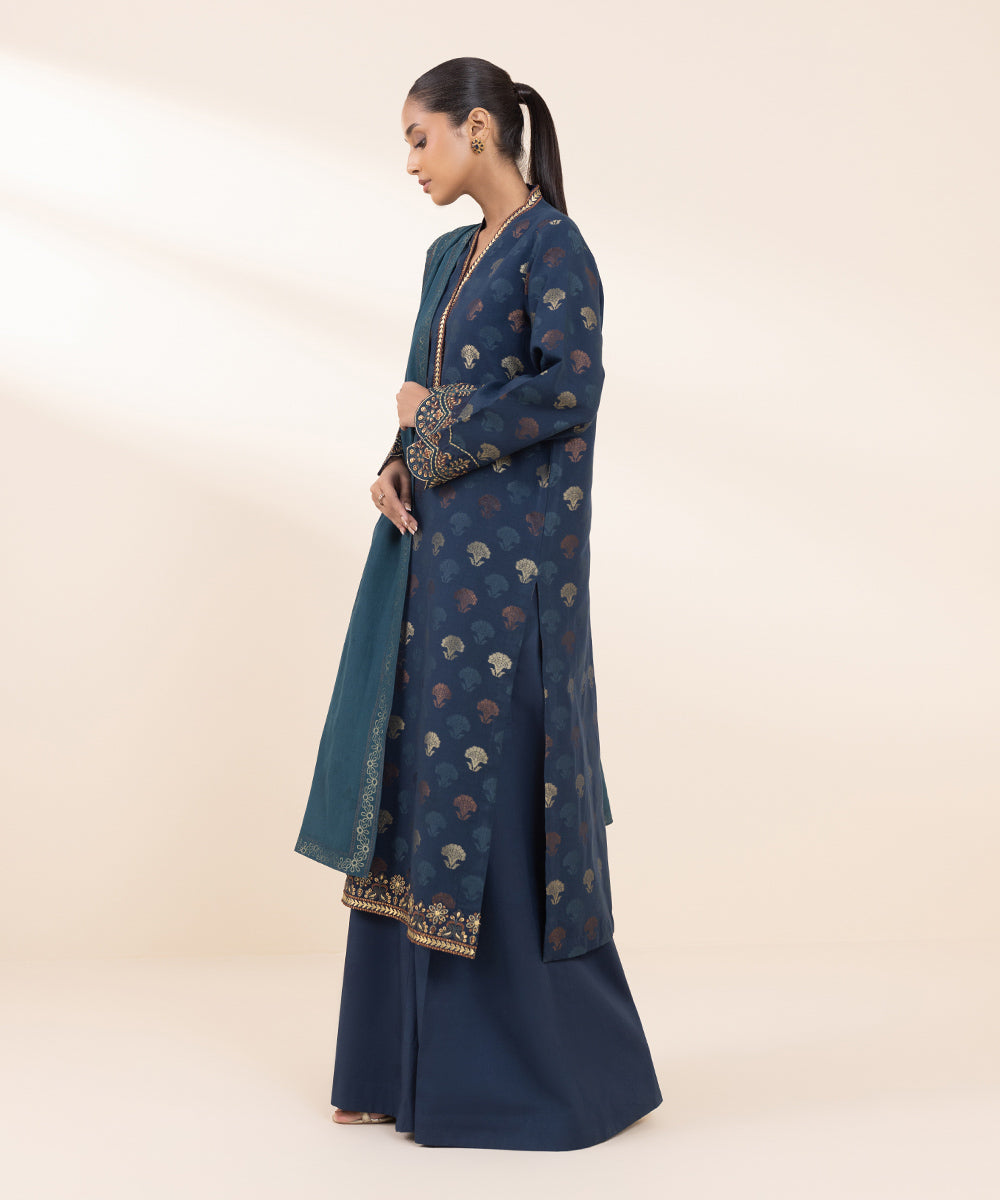 Women's Unstitched Extra Weft Jacquard Embroidered Blue 3 Piece Suit