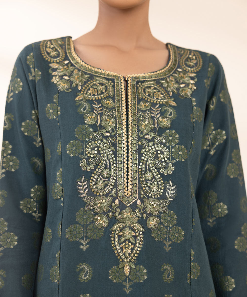 Women's Unstitched Extra Weft Jacquard Embroidered Green 3 Piece Suit