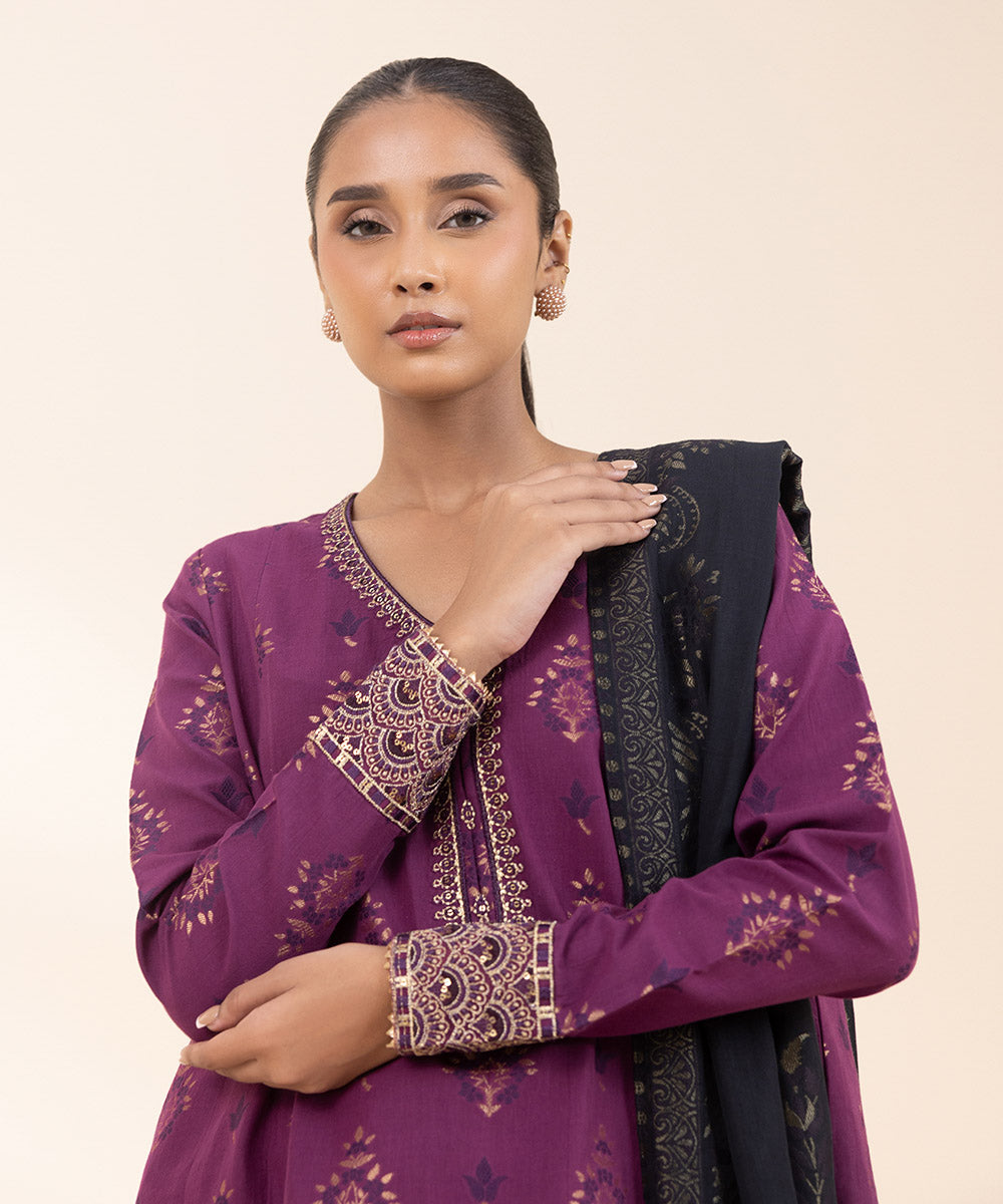 Women's Unstitched Extra Weft Jacquard Embroidered Purple 3 Piece Suit