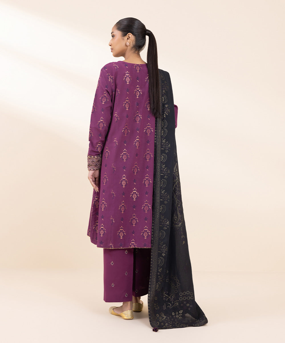 Women's Unstitched Extra Weft Jacquard Embroidered Purple 3 Piece Suit