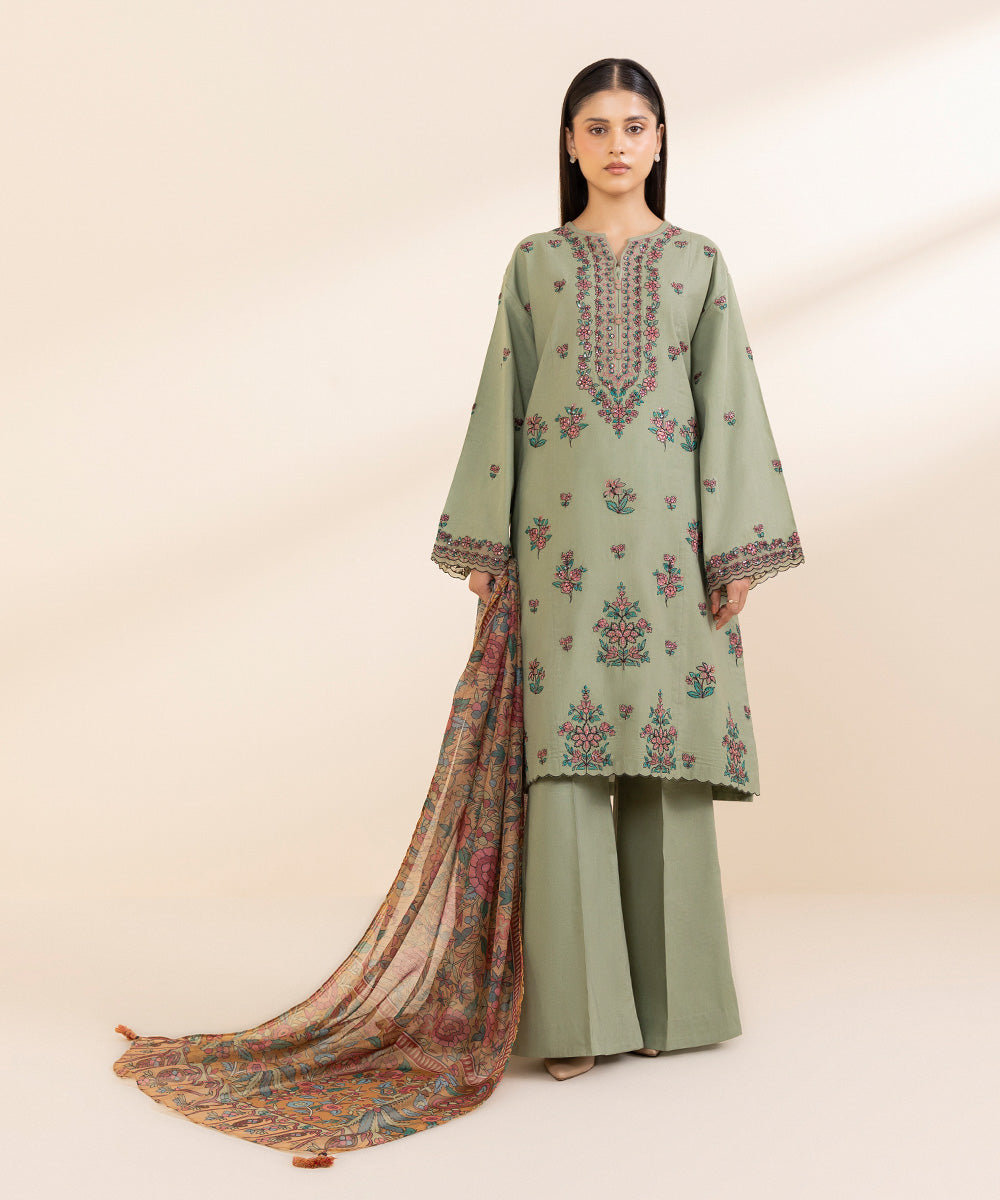 Women's Unstitched Fine Cotton Satin Embroidered Green 3 Piece Suit