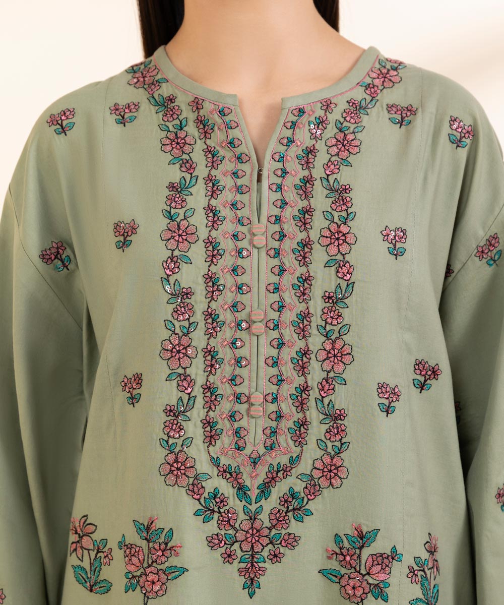 Women's Unstitched Fine Cotton Satin Embroidered Green 3 Piece Suit