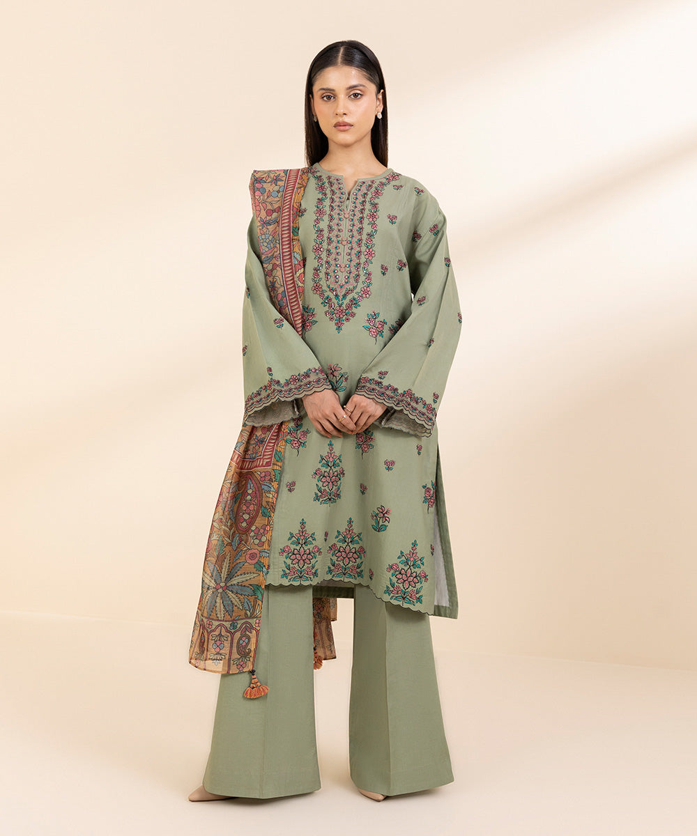 Women's Unstitched Fine Cotton Satin Embroidered Green 3 Piece Suit