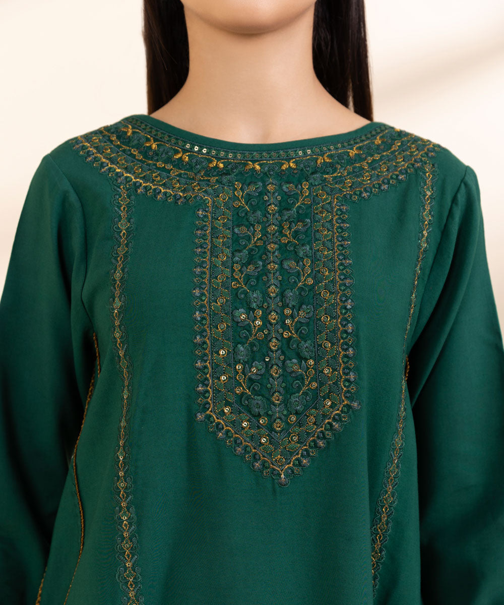 Women's Unstitched Linen Embroidered Green 3 Piece Suit