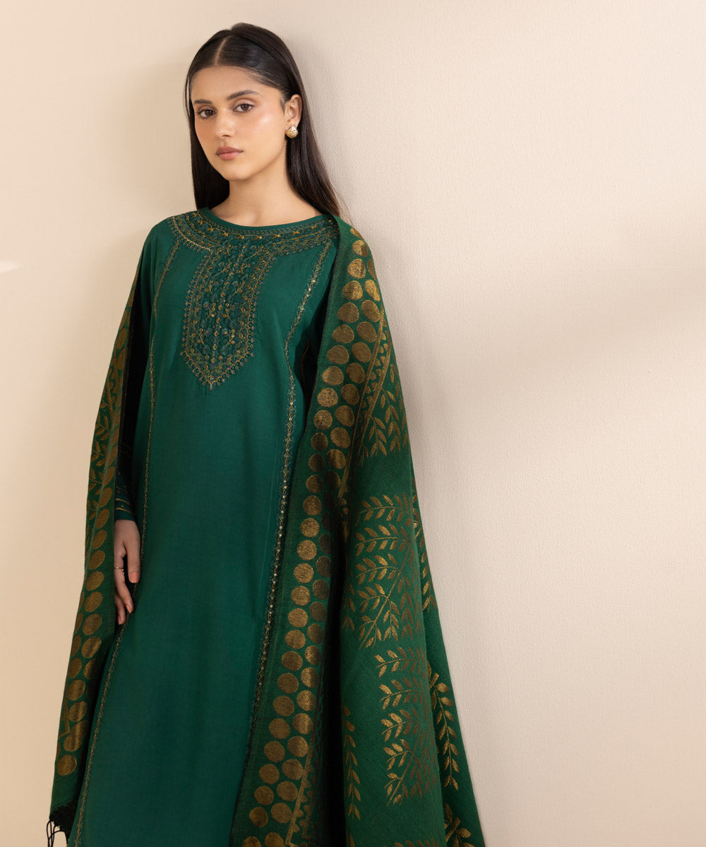 Women's Unstitched Linen Embroidered Green 3 Piece Suit