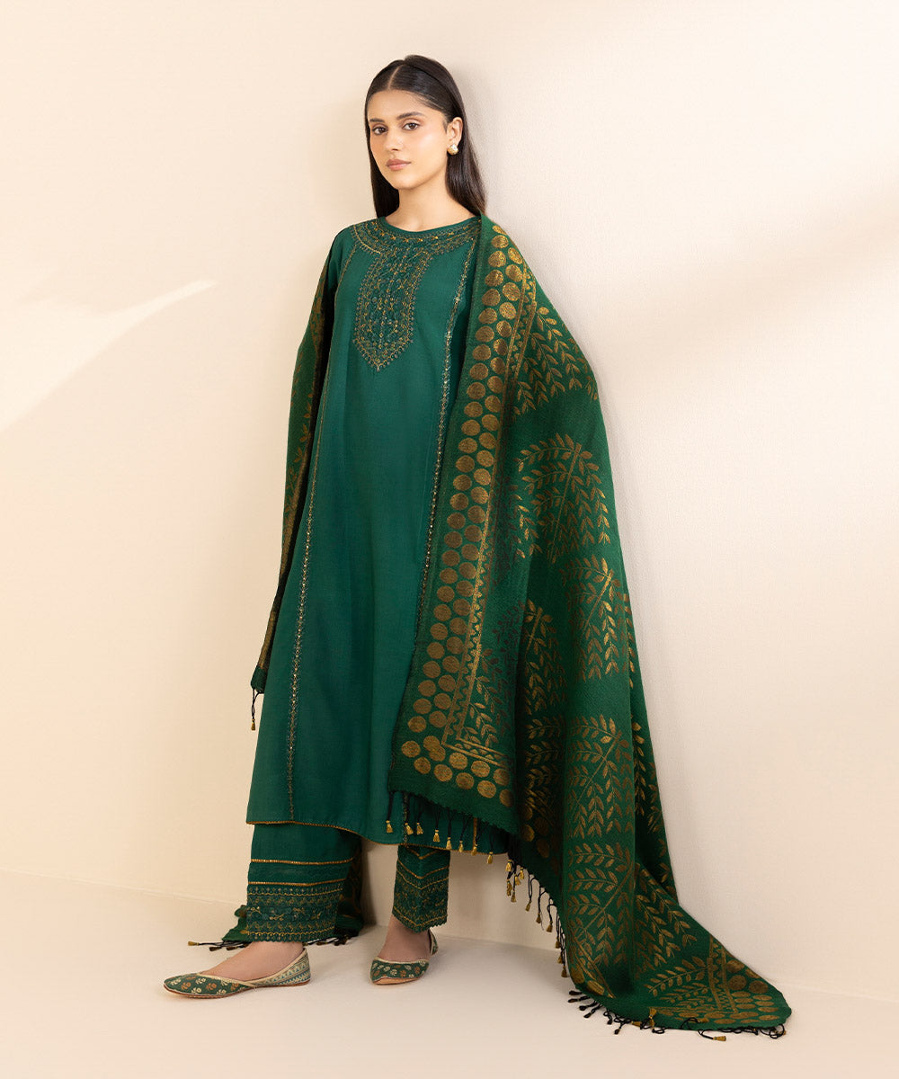 Women's Unstitched Linen Embroidered Green 3 Piece Suit