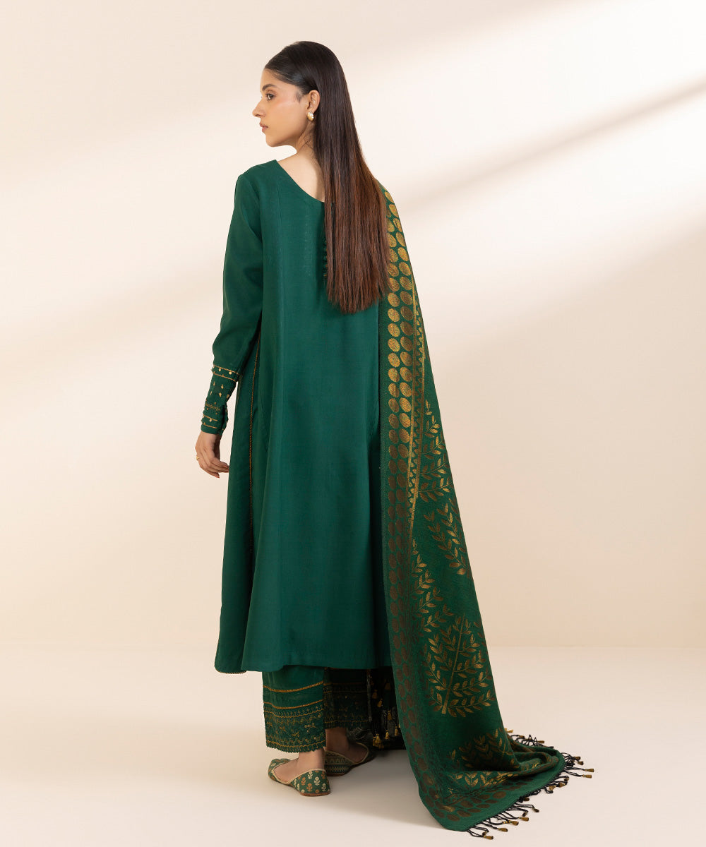 Women's Unstitched Linen Embroidered Green 3 Piece Suit