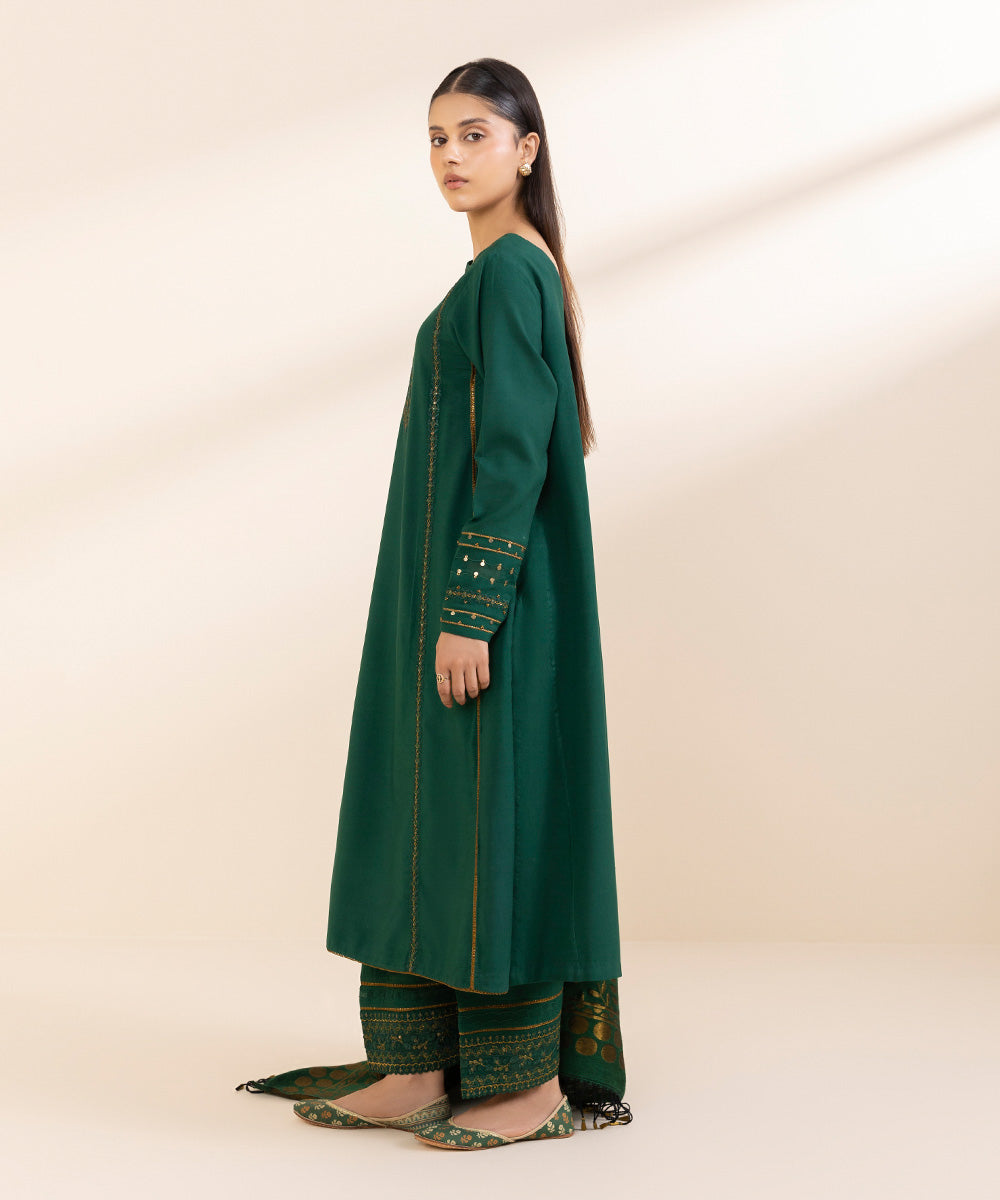 Women's Unstitched Linen Embroidered Green 3 Piece Suit