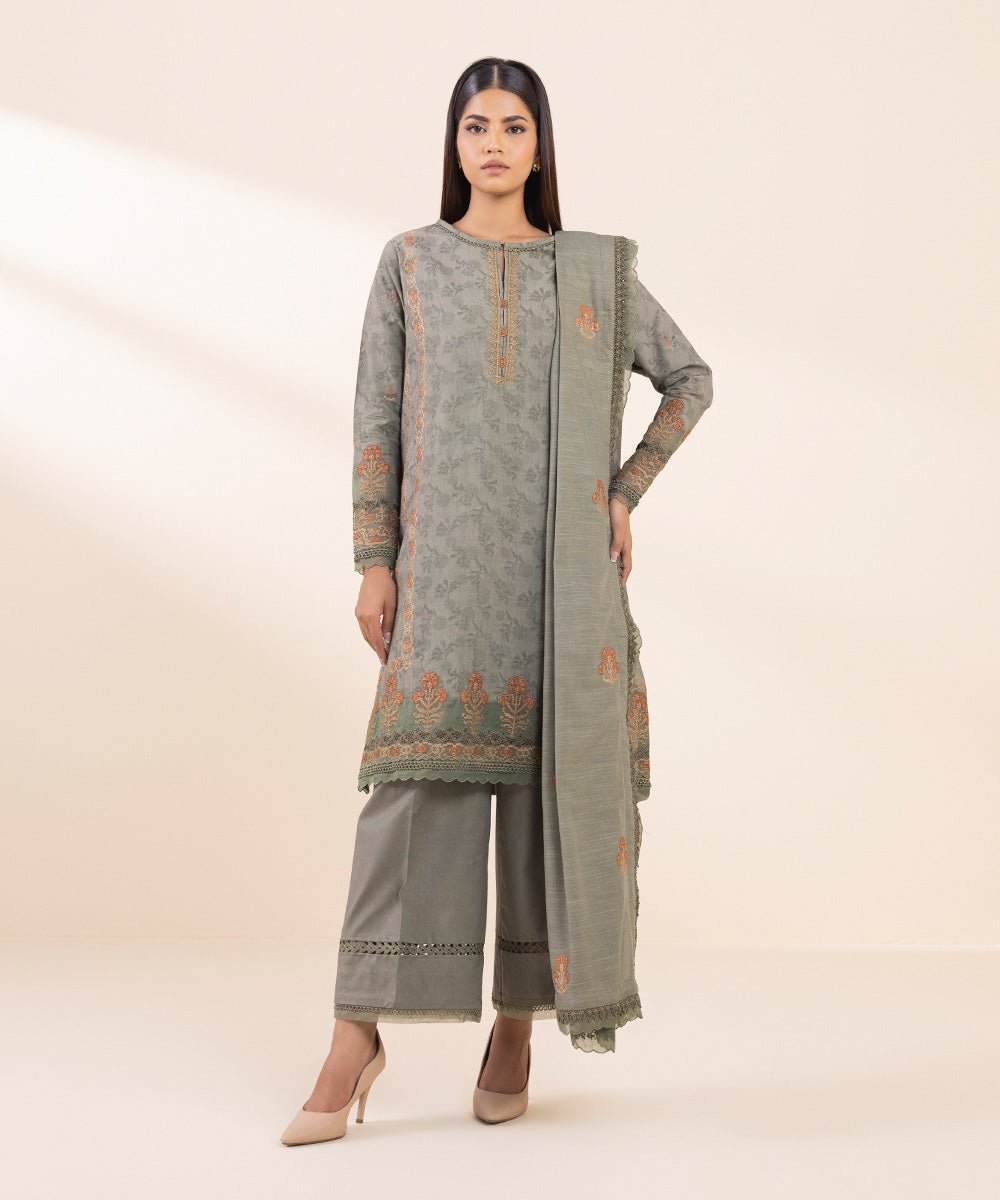 Women's Unstitched Cotton Jacquard Embroidered Grey 3 Piece Suit