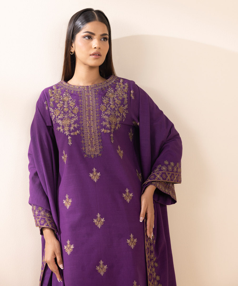 Women's Unstitched Khaddar Embroidered Purple 3 Piece Suit