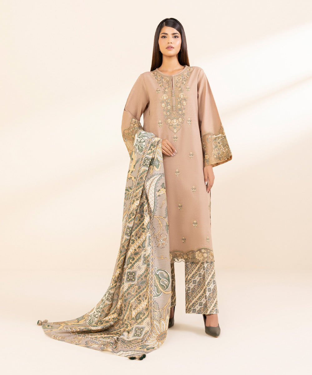 Women's Unstitched Khaddar Embroidered Multi 3 Piece Suit