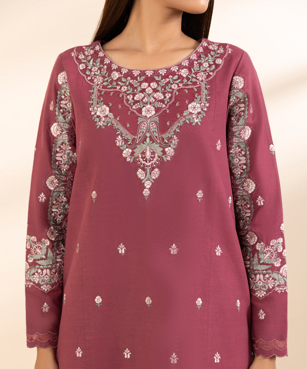 Women's Unstitched Khaddar Embroidered Pink 3 Piece Suit