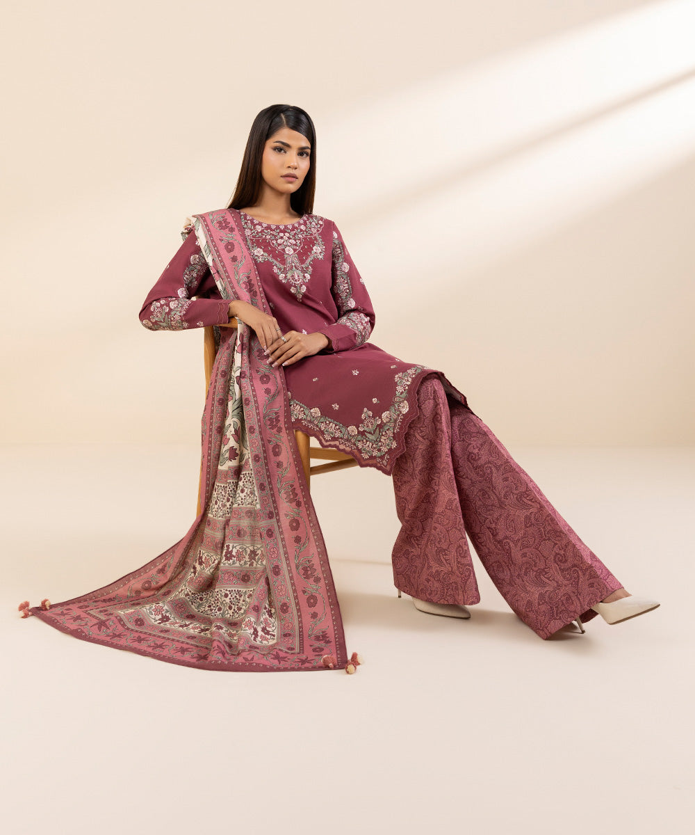 Women's Unstitched Khaddar Embroidered Pink 3 Piece Suit