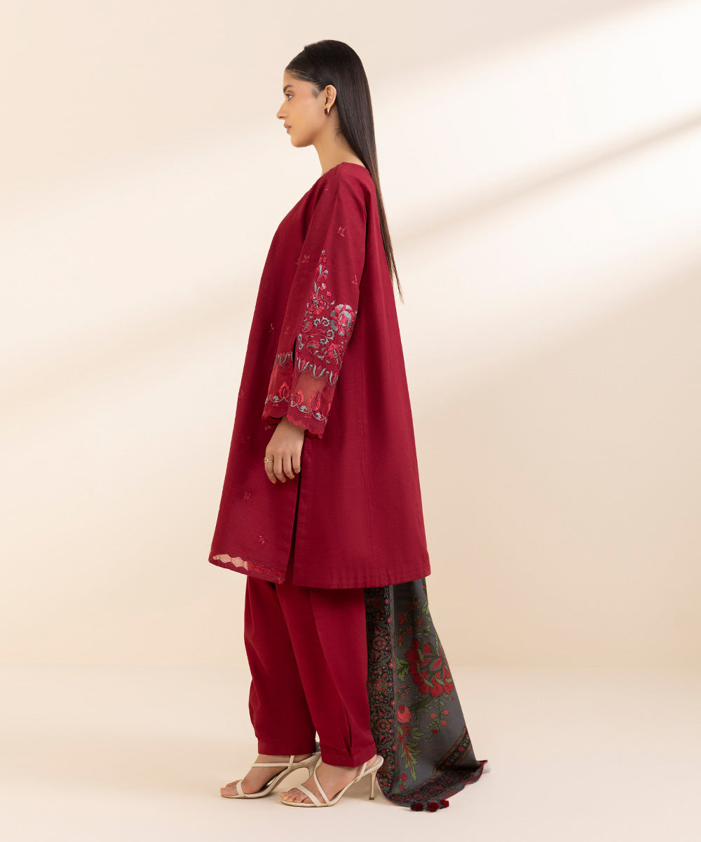 Women's Unstitched Khaddar Embroidered Red 3 Piece Suit