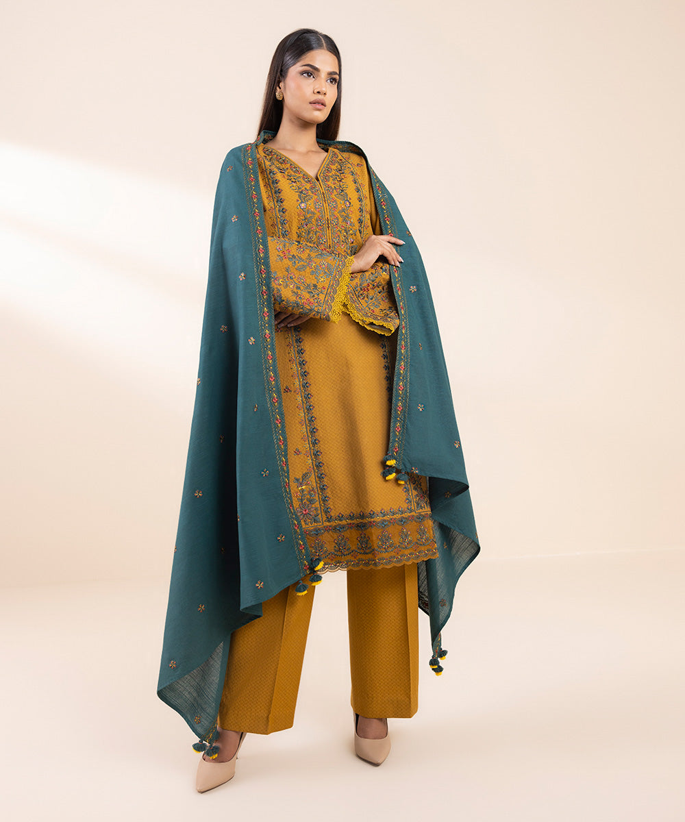 Women's Unstitched Dobby Embroidered Yellow 3 Piece Suit