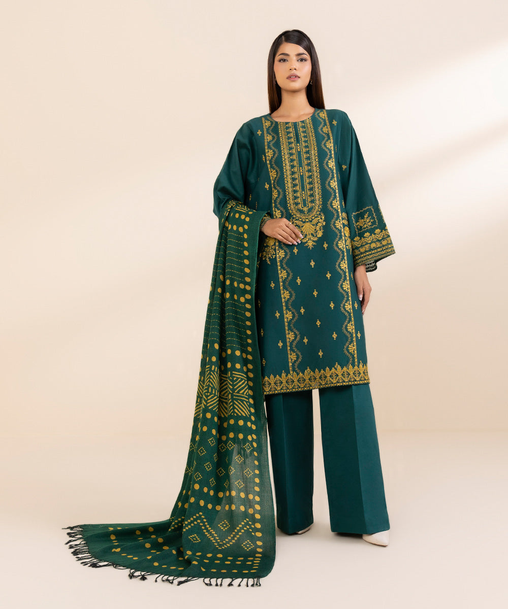 Women's Unstitched Twill Embroidered Green 3 Piece Suit