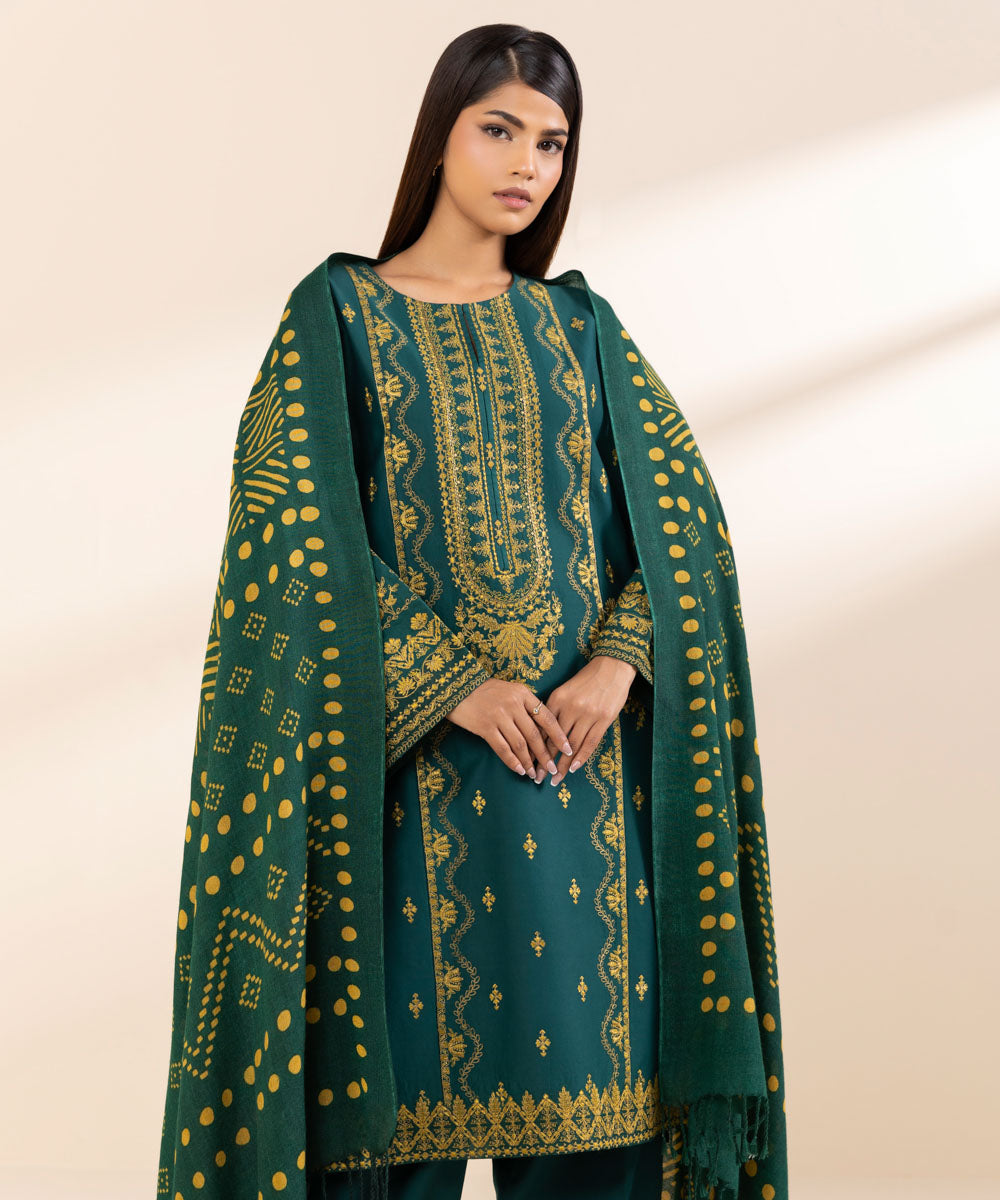 Women's Unstitched Twill Embroidered Green 3 Piece Suit