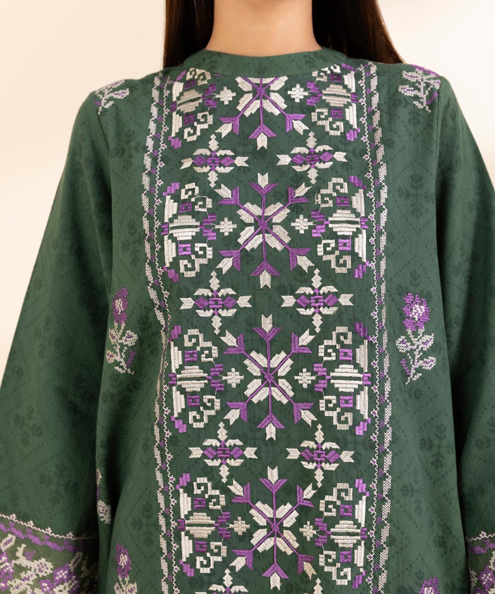 Women's Unstitched Cotton Jacquard Embroidered Green 3 Piece Suit