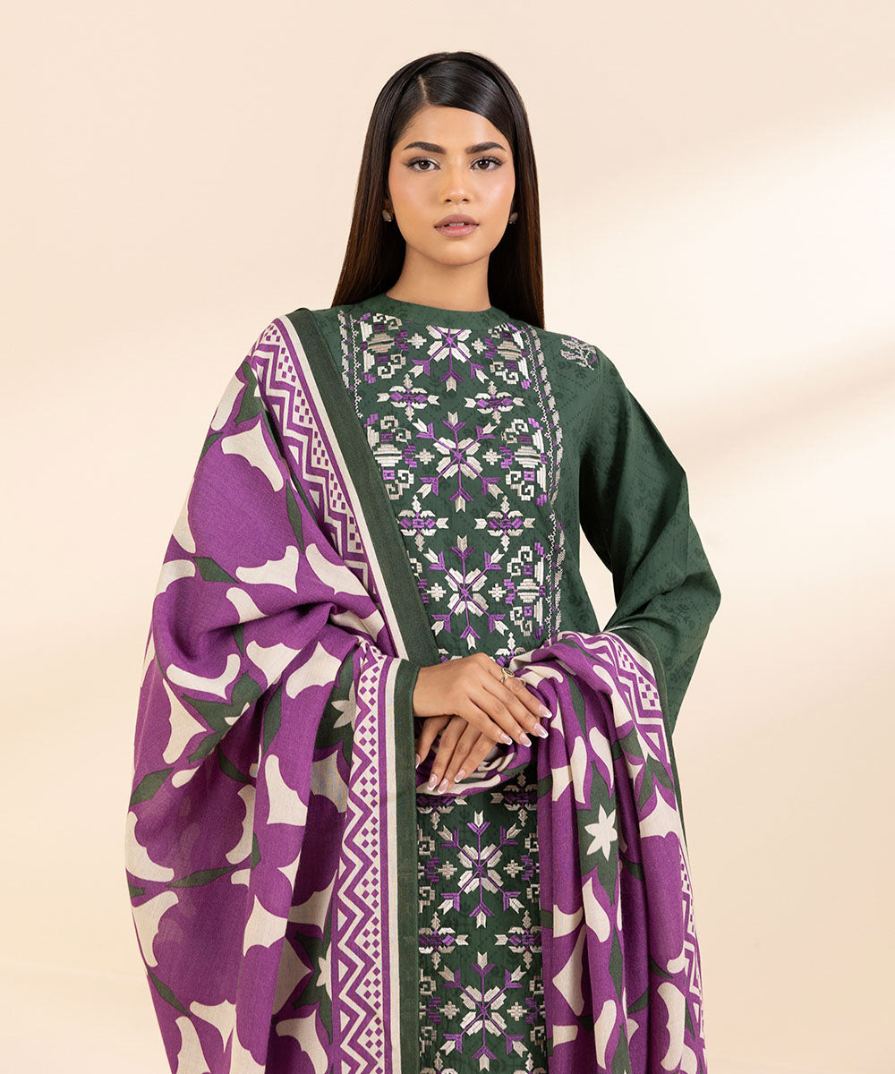 Women's Unstitched Cotton Jacquard Embroidered Green 3 Piece Suit