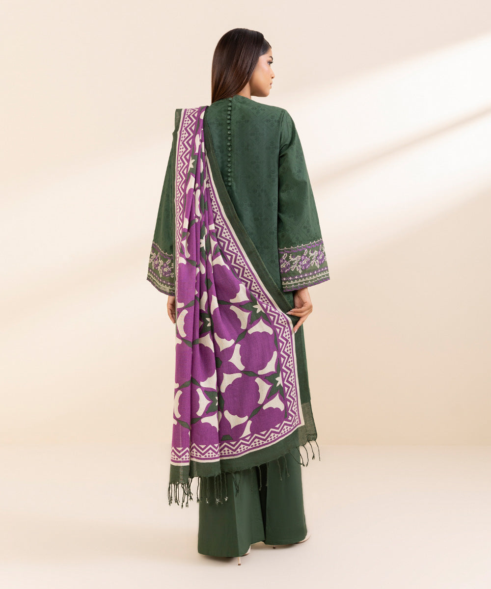 Women's Unstitched Cotton Jacquard Embroidered Green 3 Piece Suit