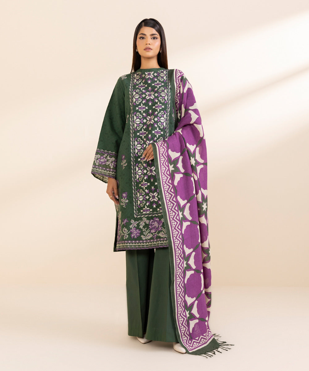 Women's Unstitched Cotton Jacquard Embroidered Green 3 Piece Suit